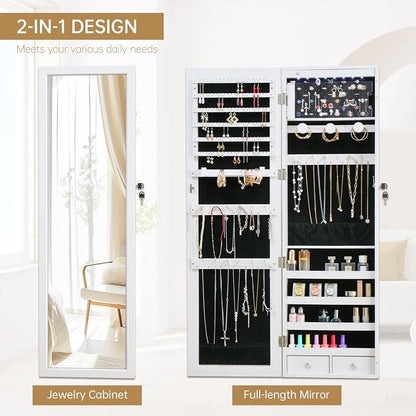 Jewelry Armoire Door Wall Mounted Mirror with Storage And Drawers | 47.3"LED Jewelry Cabinet with Mirror with Storage And Drawers White