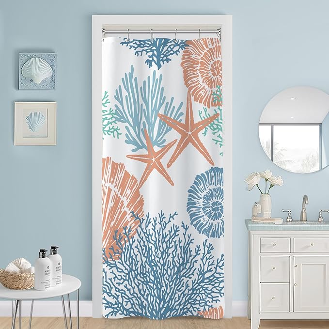 Small Stall Shower Curtain 36 x 72 Inch, Half Narrow Blue Orange Teal Nautical Coastal, Summer Tropical Seashell Starfish Coral Beach Ocean Themed for Bathroom