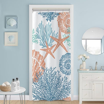 Small Stall Shower Curtain 36 x 72 Inch, Half Narrow Blue Orange Teal Nautical Coastal, Summer Tropical Seashell Starfish Coral Beach Ocean Themed for Bathroom