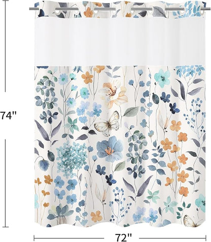 Litabel No Hook Blue Watercolor Floral Shower Curtain and Liner Set, 72x74 | Spring Flower Shower Curtains with Snap-in Liner for Farmhouse Bathroom Decor, Botanical Bathroom Curtain with Leaves