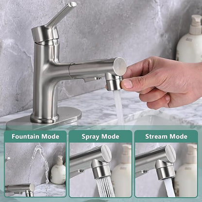 Bathroom Sink Faucet with Pull Out Sprayer, Single Handle Modern Bathroom Basin Faucet with Pop-up Sink Drain Stopper & Deck Plate 1 or 4-inch Centerset 3 Hole, Brushed Nickel