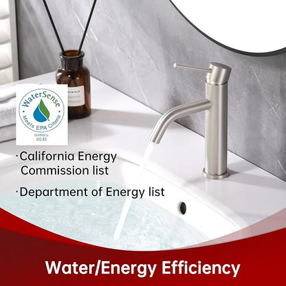 SUMERAIN Bathroom Sink Faucet Brushed Nickel Single Handle | Modern, Lead-Free, Stainless Steel, Single Hole, with Faucet Supply Lines, Easy DIY Install