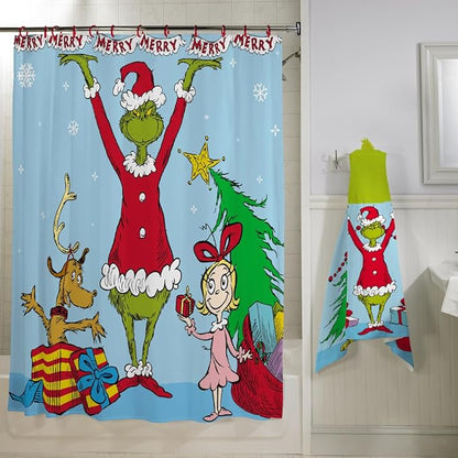 Dr. Seuss The Grinch Holiday 13-Piece Shower Curtain Set, 72 x 72 Inch Fabric Curtain with Hooks, Bathroom Decor, Machine Washable, (100% Officially Licensed Product) by Franco Collectibles