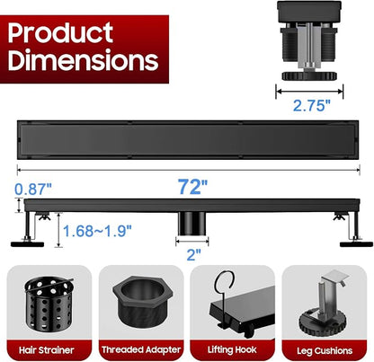 DLONE® Linear Shower Drain - 72 Inch Matte Black, with Tile Insert Panel | AISI 304 Stainless Steel Linear Drain, Rectangle Shower Floor Drain, with Adjustable Feet, Fits Bathroom & Balcony etc
