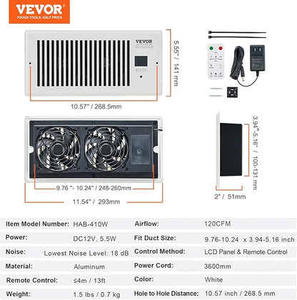 VEVOR Register Booster Fan, Quiet Vent Booster Fan Fits 4” x 10” Register Holes, with Remote Control and Thermostat Control, Adjustable 10-Speed for Heating Cooling Smart Vent, White