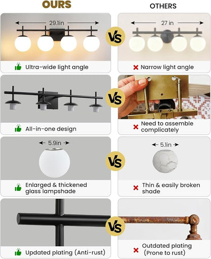 AIJIASI Bathroom Lighting Fixtures Over Mirror, 4-Light Matte Black Vanity Light, 30.7 Inch Modern Bathroom Light Fixtures with Milky White Glass Globe Shade Bath Vanity Lighting Fixtures Wall Sconce