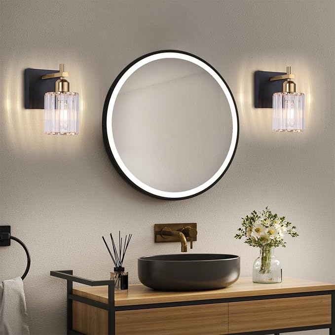 Black Gold Wall Sconces Set of 2: Modern Vanity Lights with Crystal Glass Shade, Bathroom Sconces Set of Two, Crystal Wall Light Fixtures for Bath Mirror Living Room Bedroom Hallway Kitchen, E26 Base