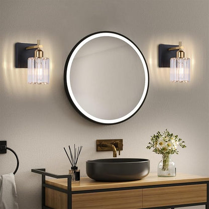Black Gold Wall Sconces Set of 2: Modern Vanity Lights with Crystal Glass Shade, Bathroom Sconces Set of Two, Crystal Wall Light Fixtures for Bath Mirror Living Room Bedroom Hallway Kitchen, E26 Base
