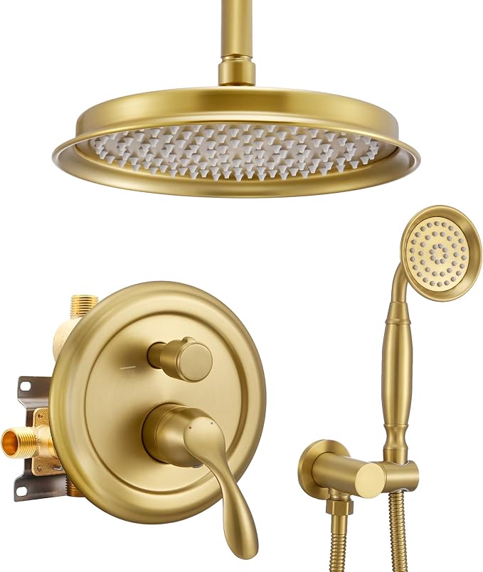 DASAN Rain Shower System Complete Antique Shower Faucet Sets, Shower Fixtures Combo with Pressure Balance Valve, Trim Kit, 9’’ Rainfall Overhead Shower & Handheld, Color Brushed Gold AT209C-BTG