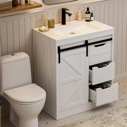 SUNTAGE Bathroom Vanity with Sink, Freestanding Farmhouse Bathroom Storage Cabinet with 3 Drawers & Sliding Door, White Resin Basin Vanity Combo Set (Distressed White, 30")
