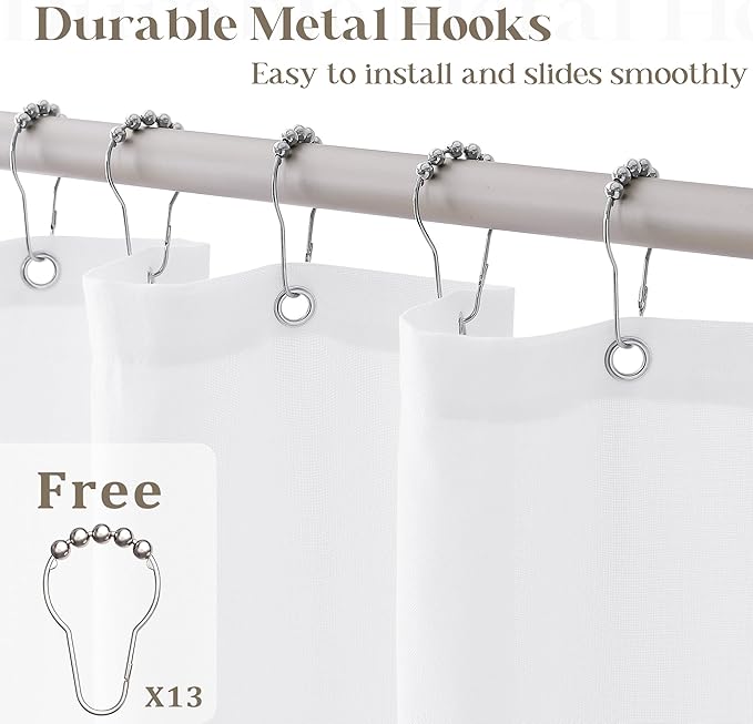 White Linen Shower Curtain for Bathroom Water Repellent 72x96 Inch | Extra Long Shower Curtains, Boho Farmhouse, Extra Tall Hotel Curtains, 72 x 96 Inches Long Drapes, with Hooks, 8Ft