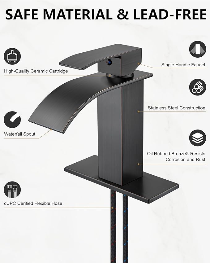 Midanya Bathroom Faucet with Waterfall Spout, Single Hole or 3-Hole Deck Mount, 304 Stainless Steel Sink Faucet with Pop-Up Drain, RV Vanity Compatible,Oil Rubbed Bronze