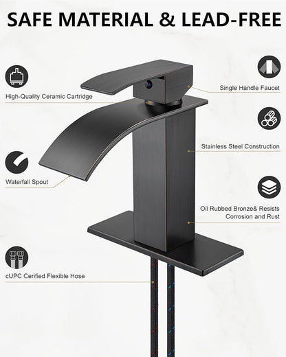 Midanya Bathroom Faucet with Waterfall Spout, Single Hole or 3-Hole Deck Mount, 304 Stainless Steel Sink Faucet with Pop-Up Drain, RV Vanity Compatible,Oil Rubbed Bronze