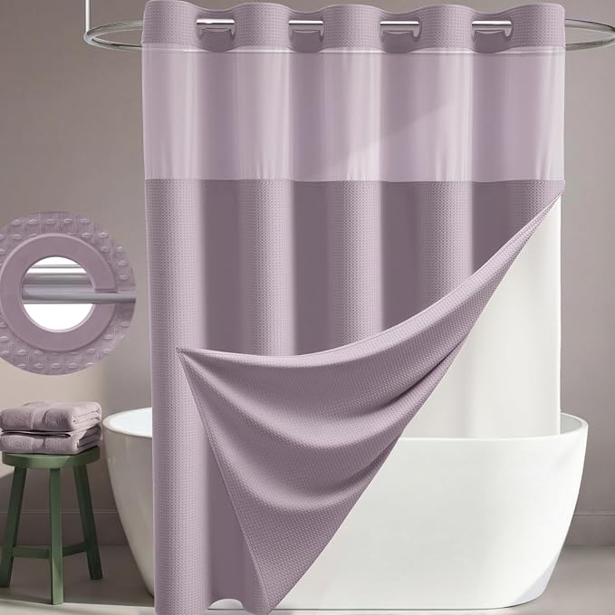 Lavender Hook Free Waffle Shower Curtain & Snap Fabric Liner,72x81 | Less Time to install, 3 in 1 Fabric Shower Curtain and Liner Set with Magnets, Long, Shower Curtains for Bathroom