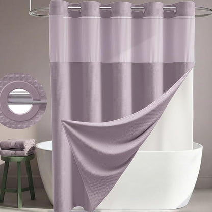 Lavender Hook Free Waffle Shower Curtain & Snap Fabric Liner,72x81 | Less Time to install, 3 in 1 Fabric Shower Curtain and Liner Set with Magnets, Long, Shower Curtains for Bathroom