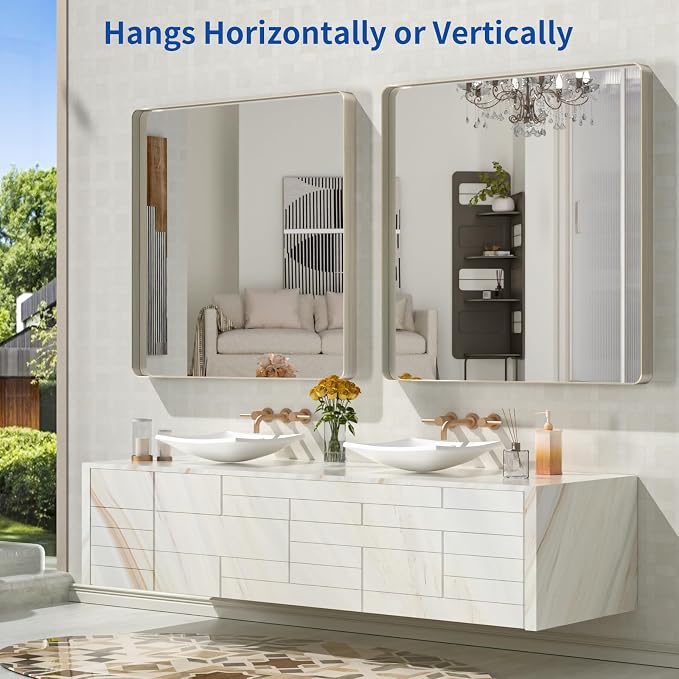 WEER Brushed Nickel Bathroom Mirror 36X36 Inch | Silver Metal Framed Vanity Mirror, Rounded Rectangle, Tempered Glass, Anti-Rust, Hangs Horizontally or Vertically