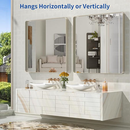 WEER Brushed Nickel Bathroom Mirror 36X36 Inch | Silver Metal Framed Vanity Mirror, Rounded Rectangle, Tempered Glass, Anti-Rust, Hangs Horizontally or Vertically