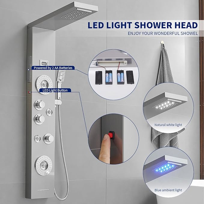 BWE 6 in 1 Shower Panel Tower System with LED Lights & Temp Display | Stainless Steel shower system with Rainfall, Waterfall, 2-Type Massage Jets, Handheld and Tub Spout, Brushed Nickel