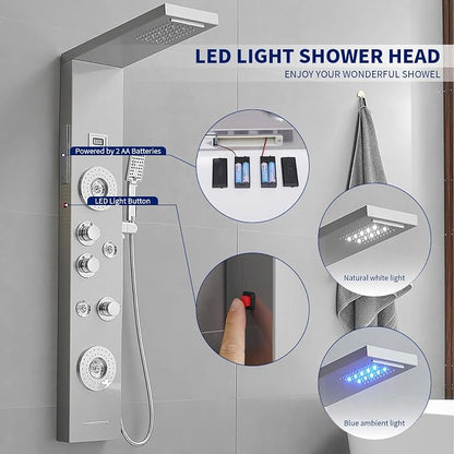 BWE 6 in 1 Shower Panel Tower System with LED Lights & Temp Display | Stainless Steel shower system with Rainfall, Waterfall, 2-Type Massage Jets, Handheld and Tub Spout, Brushed Nickel