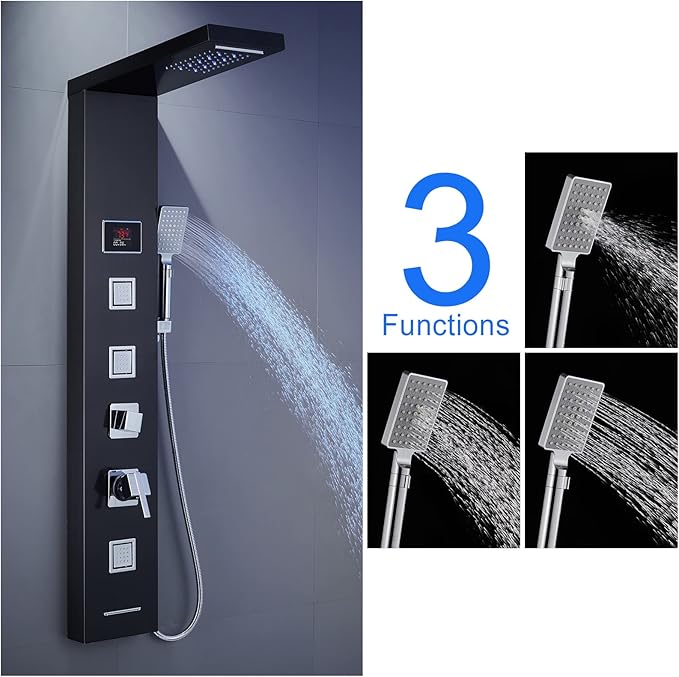 LED Shower Panel Tower System Black, MENATT 304 Stainless Steel 5-Function Shower Panel Rainfall Waterfall Shower Rain Massage System with Body Jets