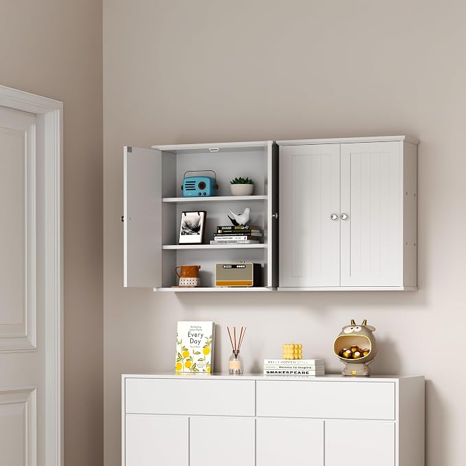 Shintenchi Bathroom Wall Medicine Cabinet, Storage Organizer, 2 Pcs, White | Bathroom Storage Organizer Cupboard, with 2 Magnet Door and 3-Tier Shelves, Space Saving, Easy to Assemble & Clean