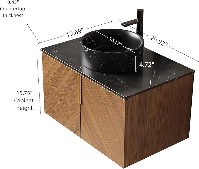 30" Floating Bathroom Vanity with Sink Combo, Modern Vanity with Vessel Sink, Wall-Mounted Bathroom Vanity Cabinet with Doors, Black Countertop and Black Round Ceramic Basin,Brown Oak