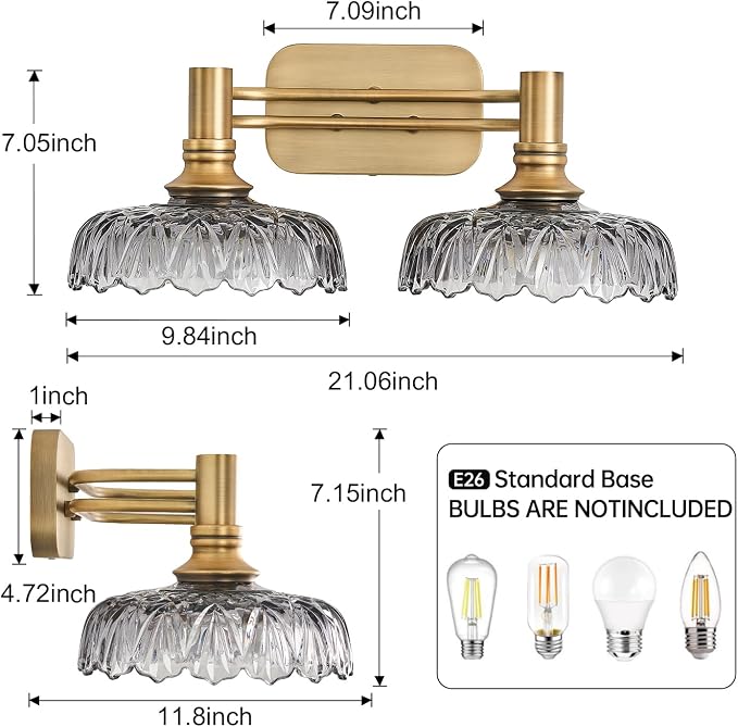 2 Light Bathroom Vanity Lights Grey Glass Lampshade Wall Sconces Vintage Vanity Lighting Fixtures for Kitchen Dining Room Bedroom Hallway