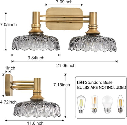 2 Light Bathroom Vanity Lights Grey Glass Lampshade Wall Sconces Vintage Vanity Lighting Fixtures for Kitchen Dining Room Bedroom Hallway