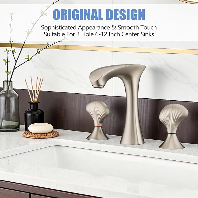 Brushed Nickel Bathroom Faucet 3 Hole, 8 Inch Widespread Bathroom Sink Faucet for Vanity, 2 Handle Bathroom Faucets, Bathroom Vanity Faucet with Pop-Up Drain and Supply Hoses
