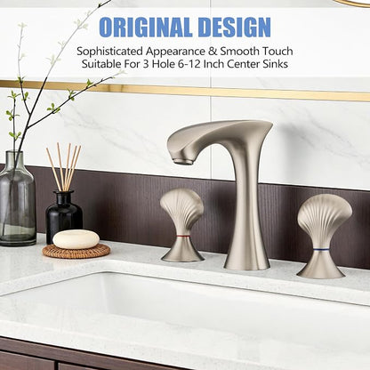 Brushed Nickel Bathroom Faucet 3 Hole, 8 Inch Widespread Bathroom Sink Faucet for Vanity, 2 Handle Bathroom Faucets, Bathroom Vanity Faucet with Pop-Up Drain and Supply Hoses