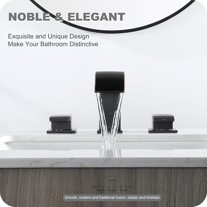 8 Inch Waterfall Bathroom Faucets 3 Hole - Oil Rubbed Bronze Widespread Bathroom Faucet with Pop-up Drain, Two Handles Bathroom Sink Faucet, Modern Vanity Sink faucets with Supply Lines