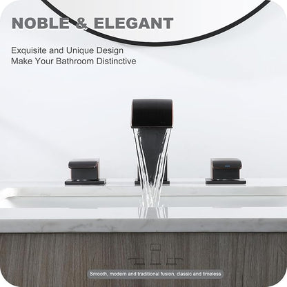 8 Inch Waterfall Bathroom Faucets 3 Hole - Oil Rubbed Bronze Widespread Bathroom Faucet with Pop-up Drain, Two Handles Bathroom Sink Faucet, Modern Vanity Sink faucets with Supply Lines
