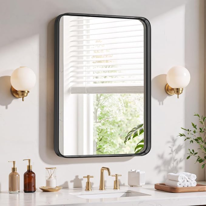 Bathroom Mirror 30x22 Inch Black Metal Frame Rectangle Vanity Mirror | Modern Wall Mounted Anti-Rust Mirror with Rounded Corners for Farmhouse, Restroom, Entryway, Horizontal or Vertical Hanging