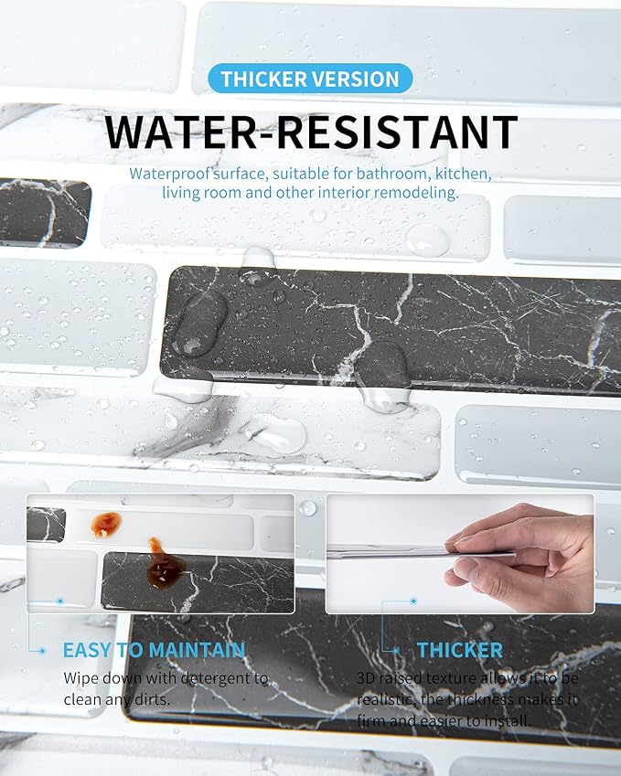Art3d 12 x 12 in Peel and Stick Backsplash, Vinyl Wall Tile, 10-Pack, Grey | Thickened Design, Waterproof, Self Adhesive, Easy to Install, No Residue, for Kitchen, Bedroom, Ideal for Recently Moved
