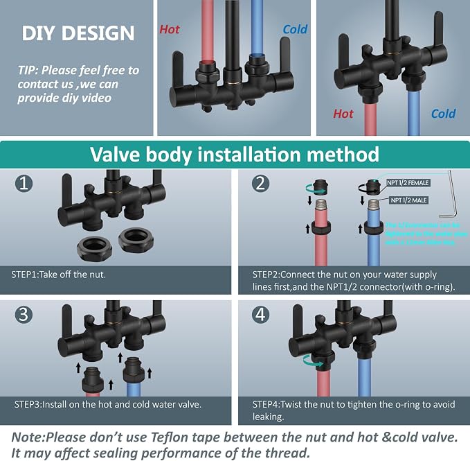 Aolemi Outdoor Shower Kit, Downward-Facing Inlets, Matte Black | 3-Inch Center Hot And Cold Mixer Valve, Dual Handles, with Soap Dish For Convenient Outdoor Shower Use