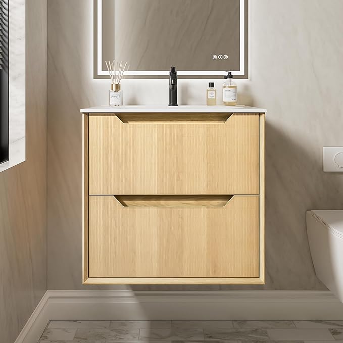 24" Japandi Floating Bathroom Vanity with Sink, Pre-Assembled Natural Oak Multi-Layer Solid Wood Bathroom Sink Vanity, Wall Mounted with Integrated Stone Top and 2 Soft Close Drawers