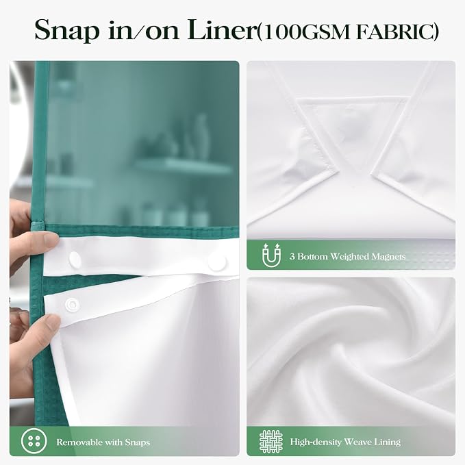 Seaweed Green Hook Free Waffle Shower Curtain & Snap Liner,72x75 | Less Time to install, 3 in 1 Fabric Shower Curtain and Liner Set with Magnets, Mesh Top Window, Shower Curtains for Bathroom