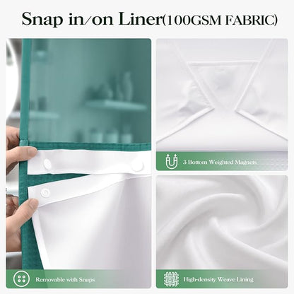 Seaweed Green Hook Free Waffle Shower Curtain & Snap Liner,72x75 | Less Time to install, 3 in 1 Fabric Shower Curtain and Liner Set with Magnets, Mesh Top Window, Shower Curtains for Bathroom
