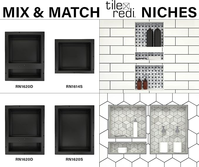 Tile Redi USA Niche Double Recessed Shower Shelf – Black, Two Inner Shelves with Divider, 16-Inch Width x 20-Inch Height x 4-Inch Depth (RN1620D-BI)