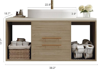 Pvillez 40 Inch Modern Bathroom Vanity Floating Bathroom Vanities with Above-Ground Oval Sink 40" Wall Mounted Bathroom Sink Cabinet with 2 Drawers&2 Open Shelves&Gold Metal Handle, Oak