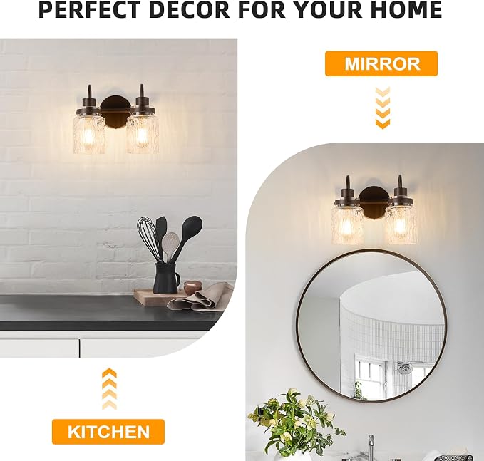 2 Lights Bathroom Vanity Light, Oil Rubbed Bronze Bathroom Light Fixtures with Hammered Glass Lampshade for Dressing Table,Over Mirror,Hallway