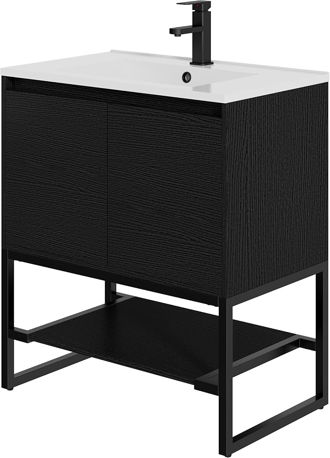 LUCKWIND 30" Modern Bathroom Vanity with Single White Sink Combo, Freestanding Storage Cabinet with Metal Frame, Matte Black Faucet and Open Shelf and 2 Soft-Closing Door, Black