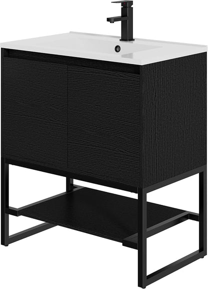 LUCKWIND 30" Modern Bathroom Vanity with Single White Sink Combo, Freestanding Storage Cabinet with Metal Frame, Matte Black Faucet and Open Shelf and 2 Soft-Closing Door, Black