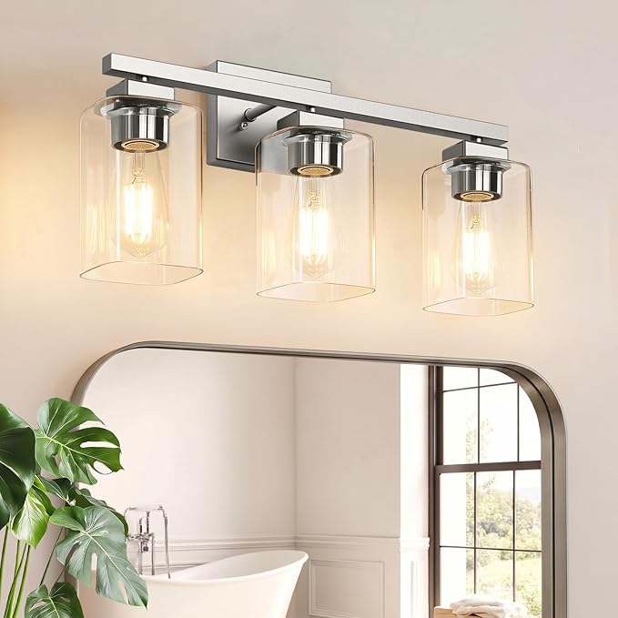 BesLowe 19” Bathroom Light Fixtures, 3-Light Vanity Light Brushed Nickel | Square Clear Glass & Durable Metal, Quick & Easy Installation, Standard E26 Socket, Bright Bathroom Lighting