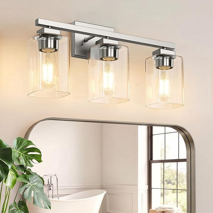 BesLowe 19” Bathroom Light Fixtures, 3-Light Vanity Light Brushed Nickel | Square Clear Glass & Durable Metal, Quick & Easy Installation, Standard E26 Socket, Bright Bathroom Lighting