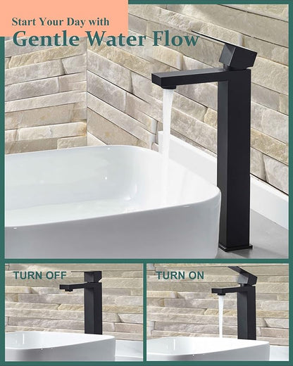 Tall Vessel Sink Faucet, Single Hole Bathroom Faucet with Pop-Up Drain, 304 Stainless Steel Matte Black for Modern Bath/Vanity