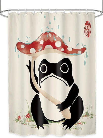 LGhtyro Funny Frog Shower Curtain Bathroom Set 54Wx78H Inches Red Mushroom Lovely Cute Asian Traditional Black Beige Green Grassland Japanese Bath Accessories Frog Art Home Decor Fabric 12 Pack Hooks