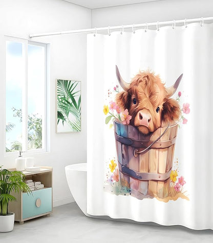 Shower Curtain for Bathroom Stall Boho Modern Cute Aesthetic Decorative Girly Waterproof Unique Highland Cow Girls Chic Print Design Teen Pretty Women Cortinas de Baño Bathtub 72 x72 Inch