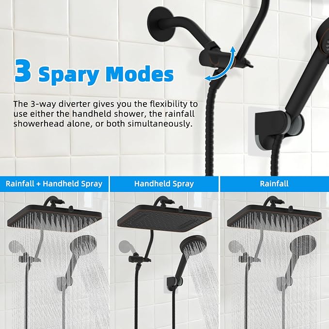 Hibbent 13'' 5-spray Rain Shower Head, 10-Spray Handheld, Oil Rubbed Bronze | cUPC Certified High Pressure Dual Showerhead Combo, Upgraded Rainfall Shower Head, 12'' Extension Arm, 71'' Hose & Holder