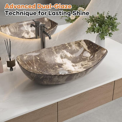 Bathroom Vessel Sink, 22"X16" Boat Shape Bathroom Sinks Above Counter, White Porcelain Ceramic Modern Vanity Sink Art Basin